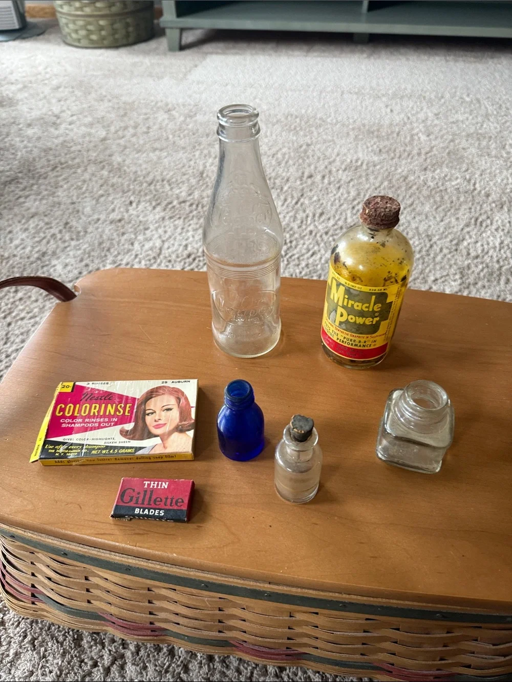 Miracle Yellow Power Glass Bottle with Assorted Small Vintage bottles/ items.